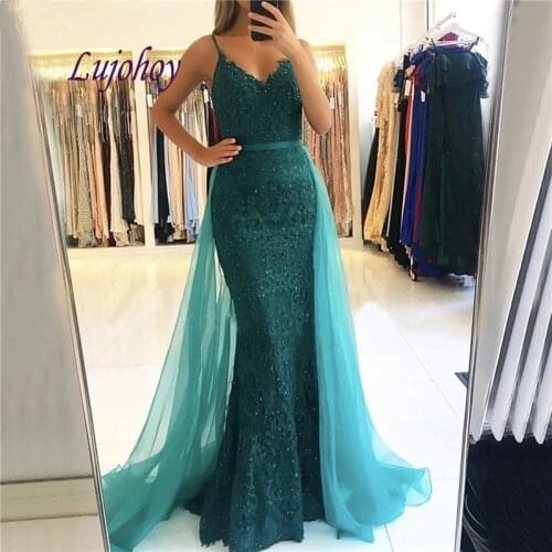 Sexy Long Lace Mermaid Evening Dresses Party Plus Size Spaghetti Straps Detachable Women Girl Prom Formal Evening Gowns Dresses