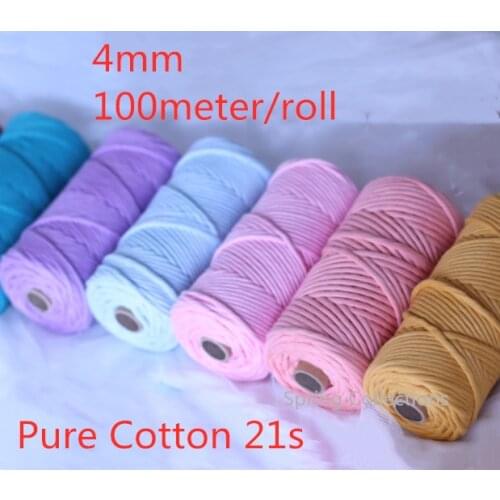 4mm Single Strand 21s Pure Cotton Cord Colorful Rope Twisted Craft Tapestry String Home Textile Decorative New 15Colors