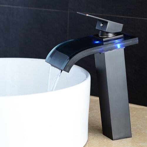 BAKALA Bathroom Waterfall Led Faucet Glass Waterfall Black Brass Basin Faucet ORB Bathroom Mixer Tap Deck Mounted basin Tap