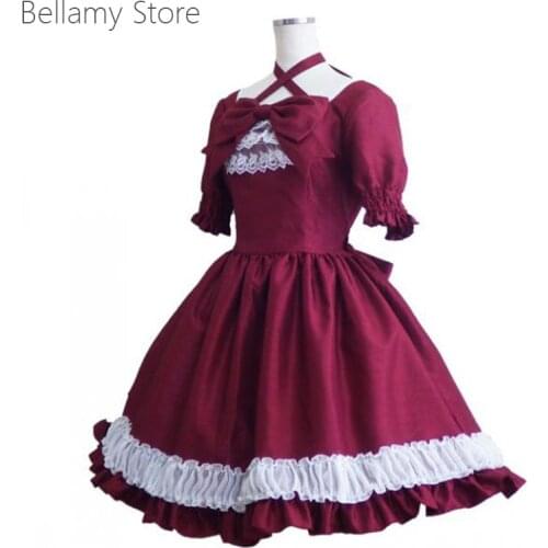 Wine red daily Gothic Lolita Square Neck Lace Up bubble sleeve short sleeve lace dress