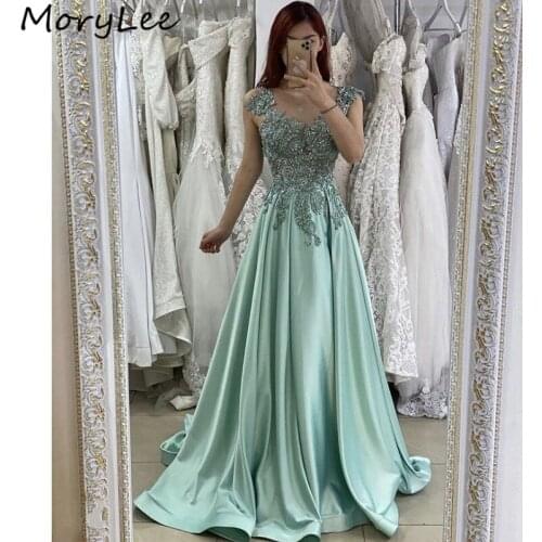 Prom Dresses V-Neck Sleeveless Spandex Satin Lace Crystal Beaded Prom Dresses With Zipper Back vestidos de fiesta de noche