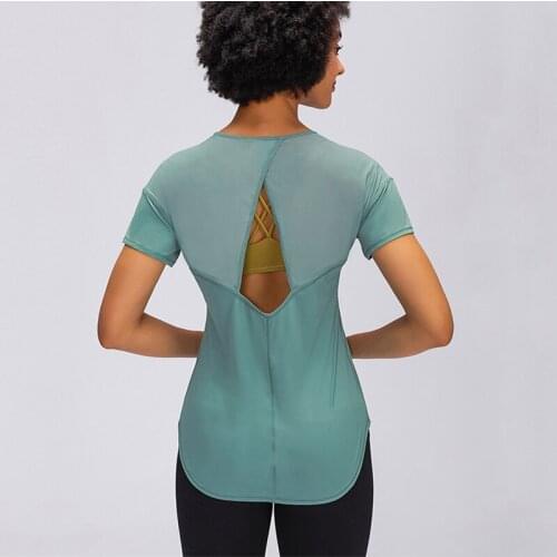 Heyyoga Women Hip Length Loose Fit Sport Fitness Yoga T-shirts Lightweight Mesh Patchwork Workout Gym Short Sleeved Shirts
