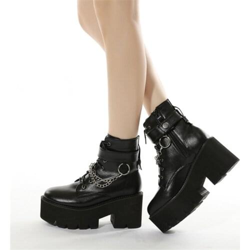 JIANBUDAN New Womens Ankle Boots Fashion Punk Pu Leather Motorcycle boots Thick sole Autumn High heel woman boots 35-43 size
