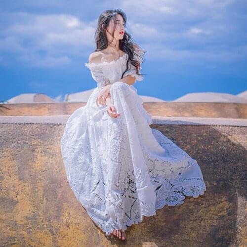 2019 New Women Summer Short Sleeve Designer Elegant Party Beach Dress White Sexy Off The Shoulder Hollow Out Long Dress