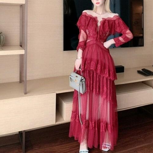 Autumn New Temperament High-End Mesh Lace Ruffled Stitching Red Dress Woman Sexy Perspective Long-Sleeved Slim Cake Dress