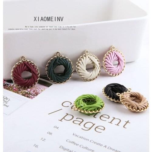 6pcs Japanese Simple Alloy Side Leather Rope Woven Hollow Round Pendant Drop Earrings For Women Material Jewelry Accessories