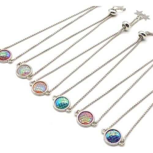 Mermaid Bracelet Men/Women Natural Stone Charms Stainless Steel Chain Adjustable Size Suitable for Summer Jewelry