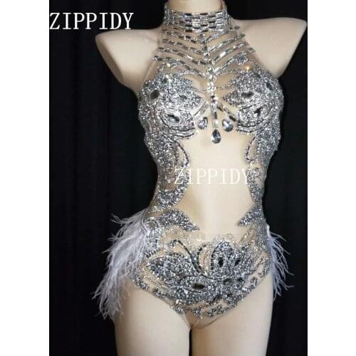 Sparkly Silver Crystals Mesh Bodysuit Feather Leotard Outfit Women Bar Dance Stage Party Dance Costume Celebrate Dress
