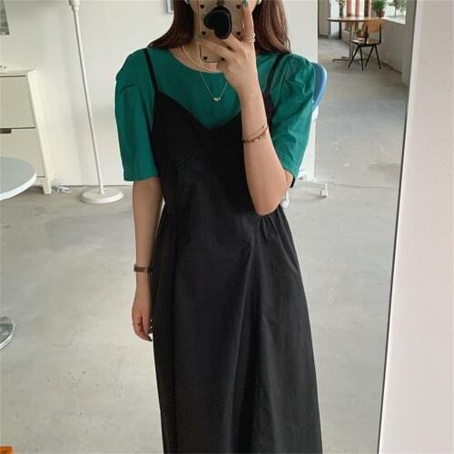 Alien Kitty 2021 Streetwear Puff Sleeves Chic New Sweet Blouses Summer Pure Color Robe High Waist Slip Dress 2 Piece Suits Sets
