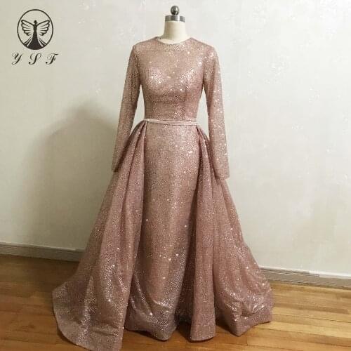 Designer Vestidos De Baile Yousef O Neck Rose Gold Long Sleeve Mermaid Prom Dresses with Overskirt