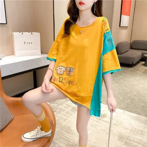 Zoki Pure Cotton Cartoon Tees Women Embroidery Letter T Shirts Loose Casual Tops Patchwork Student Clothes Korean Summer New2021
