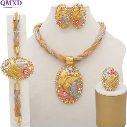 African Jewelry Sets Long Necklace with Butterfly Women Wedding Bridal Bracelet Ring Pendant Jewelry Set