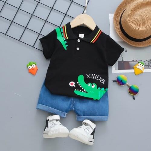 Toddler Boy Summer Childrens Suit Kids Short Sleeve Fashion Cartoon Crocodile Clothes + Pants 2-piece Set 1 2 3 4 Years Old