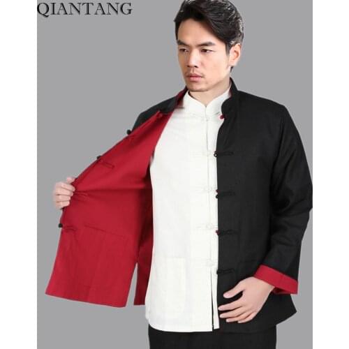 Black Red Vintage Chinese Two-Face Coat Men Cotton Linen Reversible Kung Fu Jacket Size S M L XL XXL XXXL hombre chaqueta Mim22G