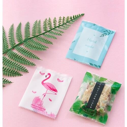 Kawaii Flamingo Green Leaf Candy Cookie Packaging Bag Handmade DIY Gift Bag Sealing Wedding Party cake Wrapper Bag Plastic Bags
