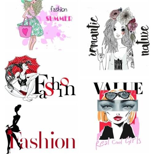 Fashion Girl Heat Transfers For Clothing Women T Shirt Accessories Iron On Transfer Patches On Clothes DIY Flower Print Decro