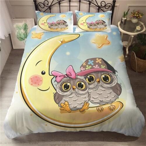 Wishstar Cartoon Owl Series Single Double Bed Linen Cute Kids Bedding Set Animal Print Duvet Cover 200x200 Pillowcase Bed Set