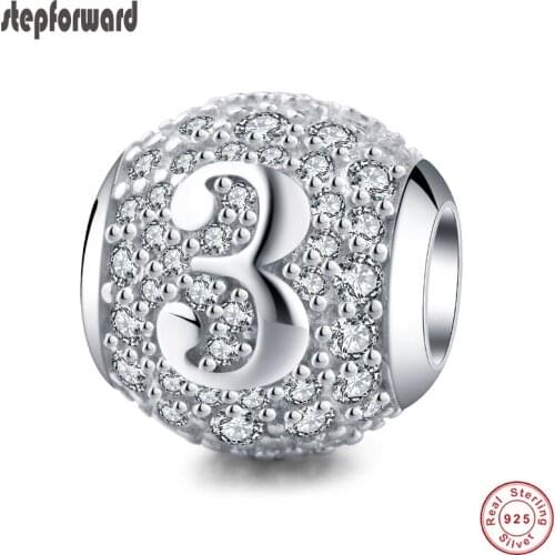 New Arrival CZ Pave Number 3 Design 100% 925 Sterling Silver Number Three Charm Fit Bracelet NecklaceTop Quality Shinning Charms