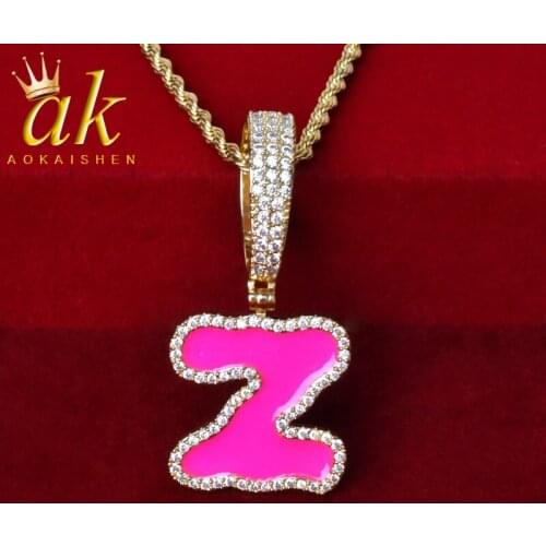 Initial Solid Back Pink Oil Bubble Letters Pendant Necklaces For Women Gold Color Cubic Zircon Hip Hop Rock Street Jewelry