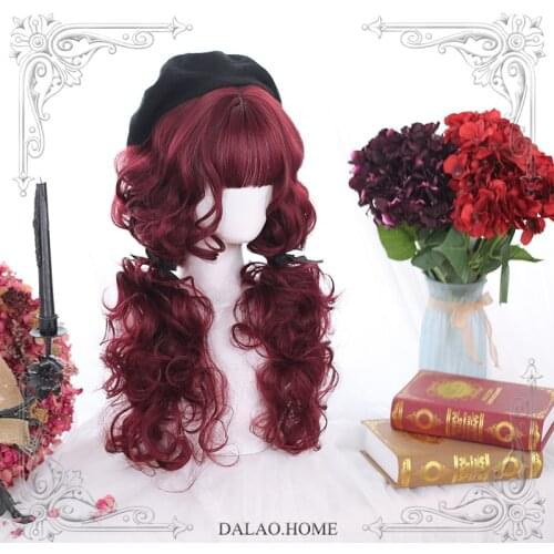 Medium Long Lolita Wig Harajuku Hair Japanese Red Velvet Curly Wool Rool Wig Anime Cosplay Wig Heat Resistant Synthetic Wigs