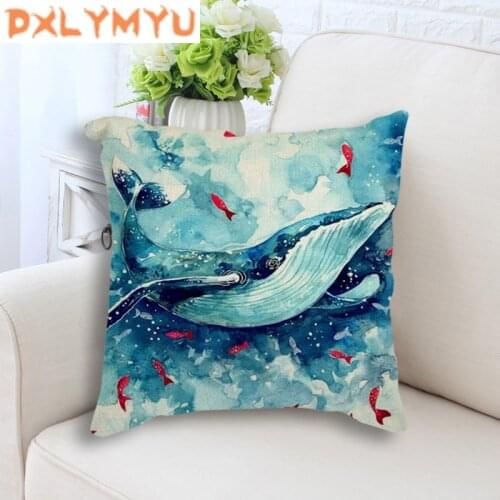 Blue Whale Printed Linen Cotton Polyester Cushion for Sofa Home Decor Decorative Seat Cushion Throw Pillows Pillowcase 45*45