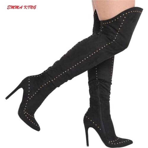 Emma King Stretch Suede Women Thigh High Boots Stilettos Sexy Over the Knee Boots Pointy Toe Rivet Studs Long Boots with Zipper