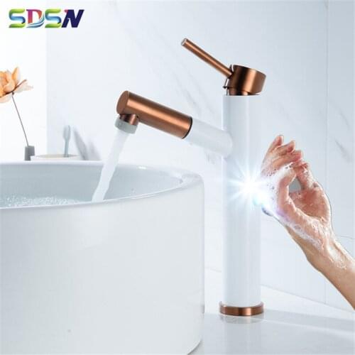 Sensor Basin Faucet SDSN Quality 304 Stainless Steel Touch Bathroom Basin Faucet Rose White Touch Sensor Bathroom Basin Tap