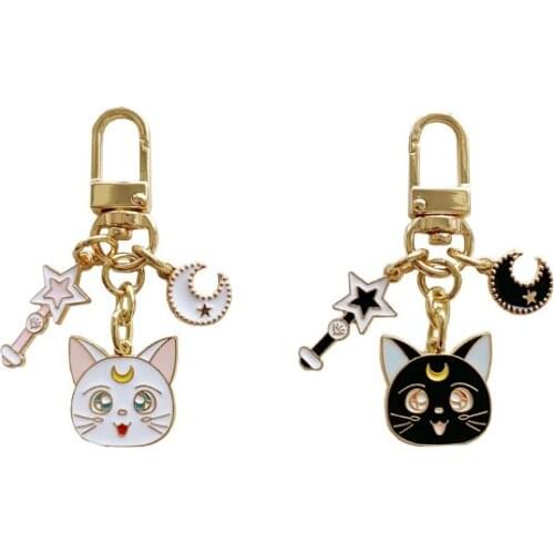 Sailor Moon Kawaii Car Keychain Anime Figure Luna Cat Ring Metal Key Chain Bag Pendant Decor Collection Kids Toy Christmas Gifts
