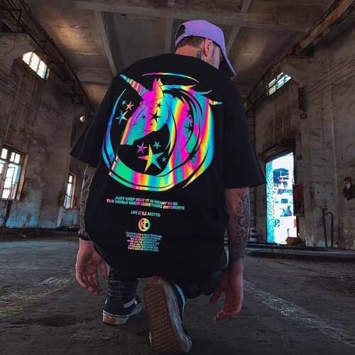 Reflective T Shirt Streetwear Men Women Loose Couple T-Shirt Black Japan Harajuku Tshirt Summer High Street Short Sleeve Tops