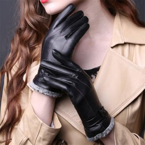 High-Quality Genuine Leather Gloves Winter Warm Thickened Sheepskin Gloves Fashion Bow Small Driving Leather Gloves D-25-5