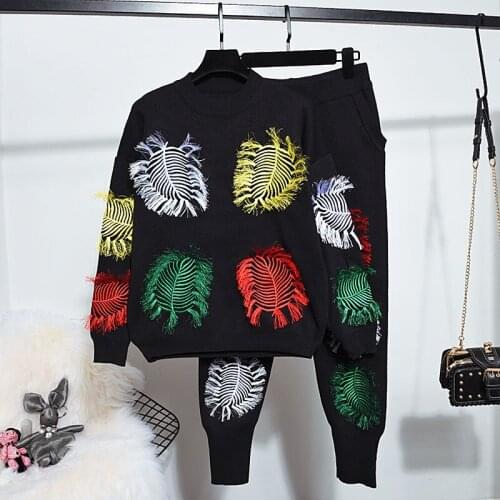 Female Set 2021 Autumn Winter Black Knitting Suit Tassel Embroidery Loose Knitted Sweater Long Pencil Pants Women Two Piece Set