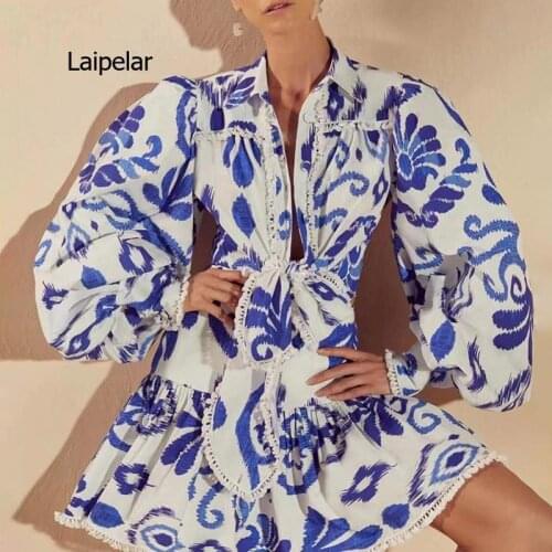 2021 Ladies Suit Korean Fashion Fringed Tie Printed Shirt + High Waist Printed A-line Skirt Set 2-piece Set