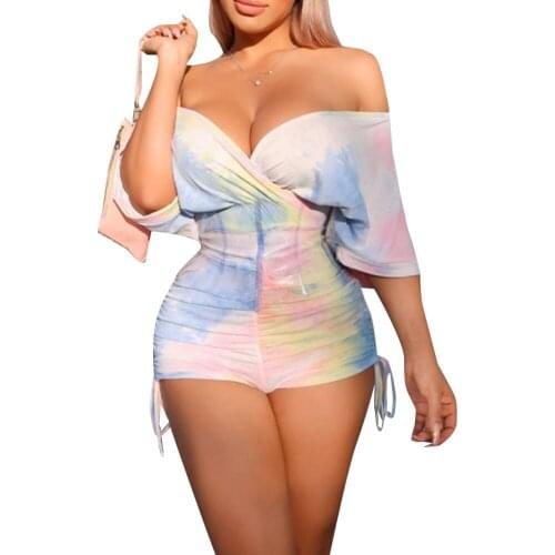Womens Sexy Playsuit Off Shoulder Overalls Short Deep V Neck Rompers Loose Pleated High Waist Clothes