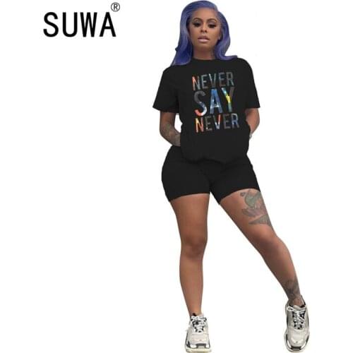 Letter printed sporty women two piece biker shorts set summer classic t shirts top + high waist pants suit street sweatsuit
