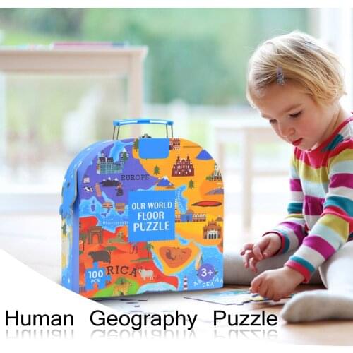 100Pcs World Map Card Puzzles Children Cognitive Educational Puzzle Toys Human Geography Floor Puzzle Game Kids Gift With Box