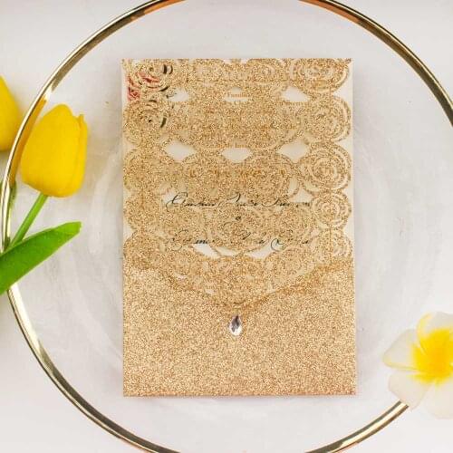 10x Rose Gold Silver Glitter Hollow Rose Diamond Card Laser Cut Wedding Invitation Cards Greeting Pocket Invite Party Birthday