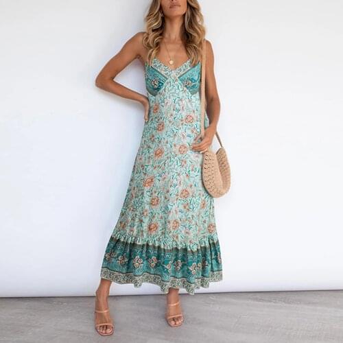 2021 Women Boho Sexy Spaghetti Strap Dress Casual Floral Printed Sleeveless V-neck Dresses Elegant Summer Sundress Robe