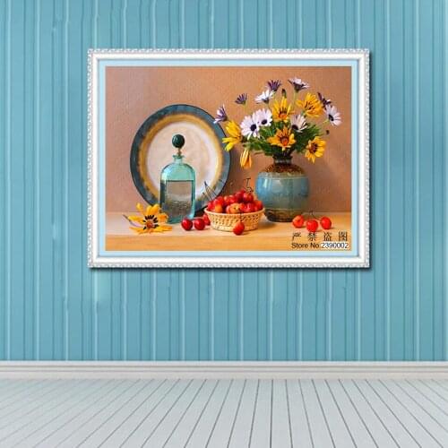 5D DIY Diamond Painting Flowers 3D Cross Stitch Diamond Embroidery Mosaic Diamonds Wall Stickers Home Decor Vase Cherry