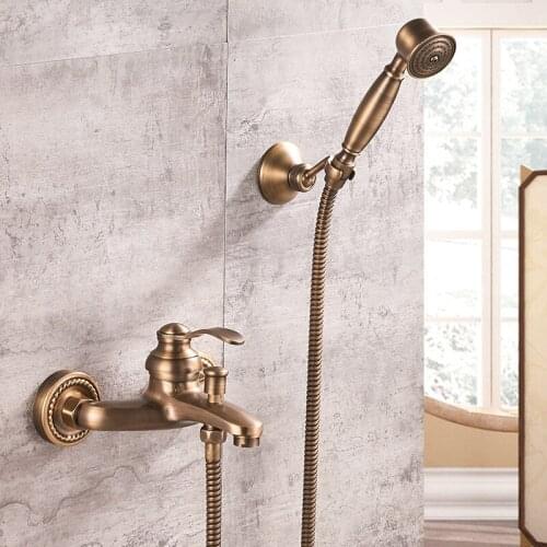 Antique Brass Bathroom Shower Faucet Set European Style Wall Mounted Hand Held Shower Head Kit Bathtub Tap Cold Hot Water Faucet