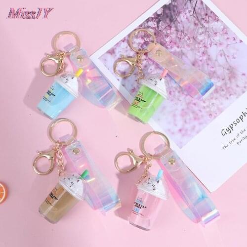 1Pc Cartoon Cat Car Keychain Milk Tea Cup Pendant Keychain Key Ring Women Bags Key Chain Gifts