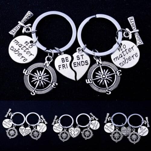 2PCS No Matter Where Keychain Compass Broken Heart Charms Best Friends Key Chains Keyring BFF Friendship Jewelry Graduation Gift