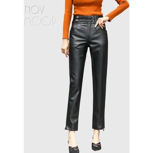 Novmoop sheepskin genuine leather women pants waist leather buckle decor zipper leg openning LT3305