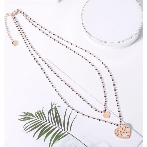 Stainless Steel Heart Statement Necklace 2 Layers Crystal Beads Chain Bohemia Jewelry Pendant Necklaces for Women Accessory 2021