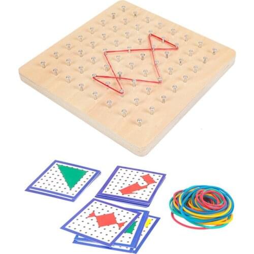 Wooden Montessori Kids Toy Creative Elastic Rubber Tie Geometric Figure Cognition Nail Boards With Cards Preschool Education Toy