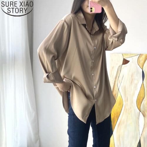 Cardigan Long Sleeve Shirt Women Autumn Loose Shirts Womens Tops and Blouses Plus Size Silky Button Solid Casual Clothes 11003