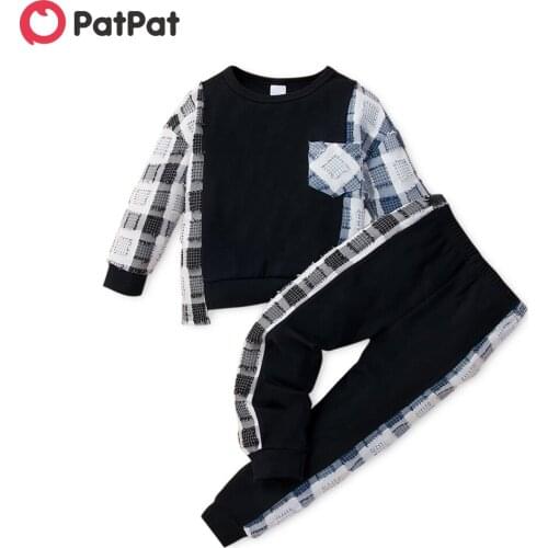 PatPat 2-piece Toddler Boy Plaid Colorblock Long-sleeve Top and Elasticized Pants Casual Set