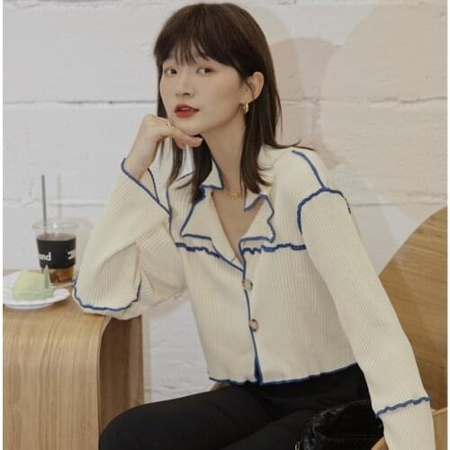 Knitted White Short Cardigan Sweater Loose Fit V-neck Long Sleeve Ladies New Fashion Trend Spring And Autumn 2021 Z388
