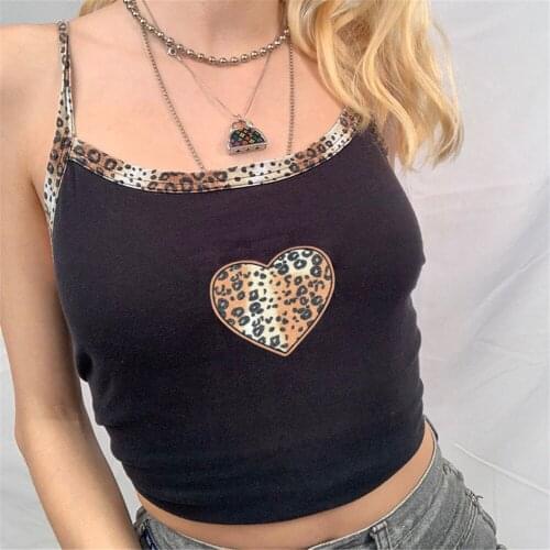 Summer Women Fashion Leopard Heart Camisole Sexy U-neck Exposed Navel Suspender Backless Sleeveless Kawaii Tops Tanks