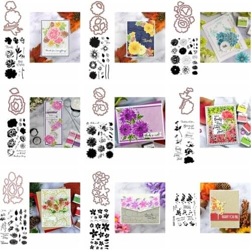 Layered Florals Rose Daisy Thorn Metal Cutting Dies Match Clear Silicone Stamps Basic Words Sentences DIY Scrapbooking 2020