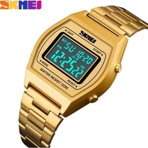 Fashion Gold Casual Sport SKMEI Brand Digital Wristwatches Stainless Steel Waterproof Men Watches relojes Relogio Masculino